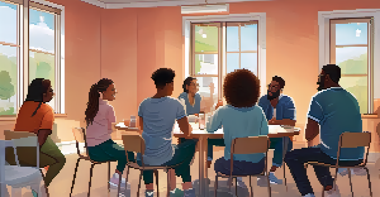 A group of friends discussing mental health at a community center, creating a supportive environment.