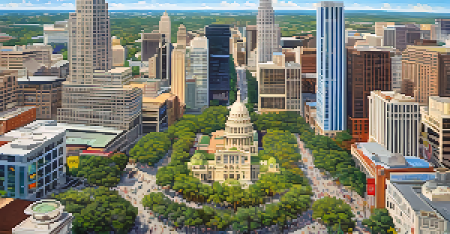 Aerial view of downtown Austin, showcasing a vibrant city with people engaged in outdoor activities and tech-related events.