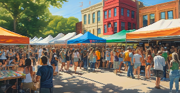 An outdoor art festival in Austin with artists collaborating on murals, surrounded by a crowd and colorful art supplies.