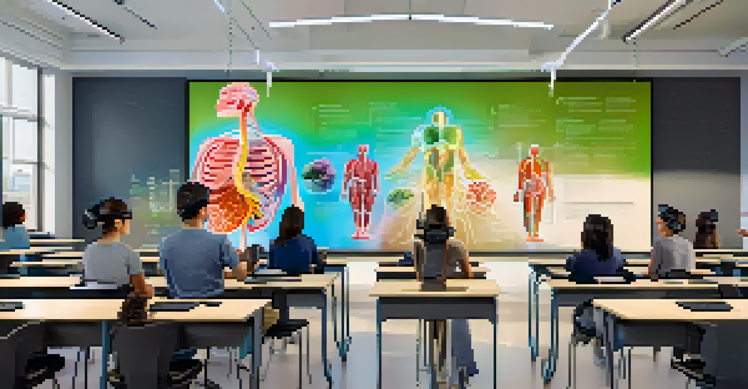 Students using virtual reality headsets in a modern biology classroom, exploring a 3D human body model.