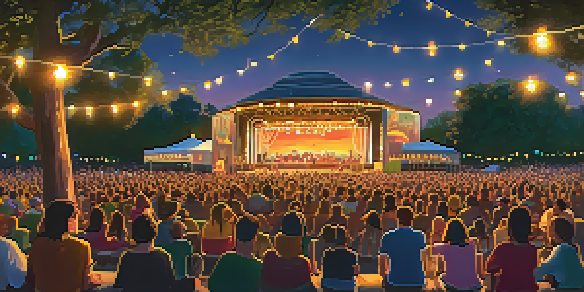 A lively outdoor theater festival in Austin with a diverse crowd, colorful banners, and performers on a small stage under sunset lights.