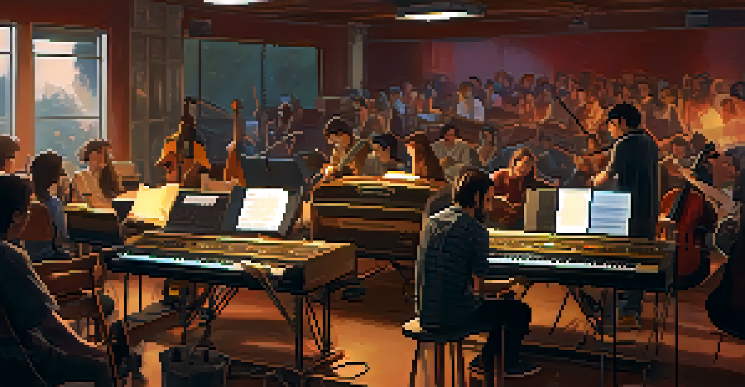 A music workshop with a musician teaching students about music production in a well-lit room filled with instruments.