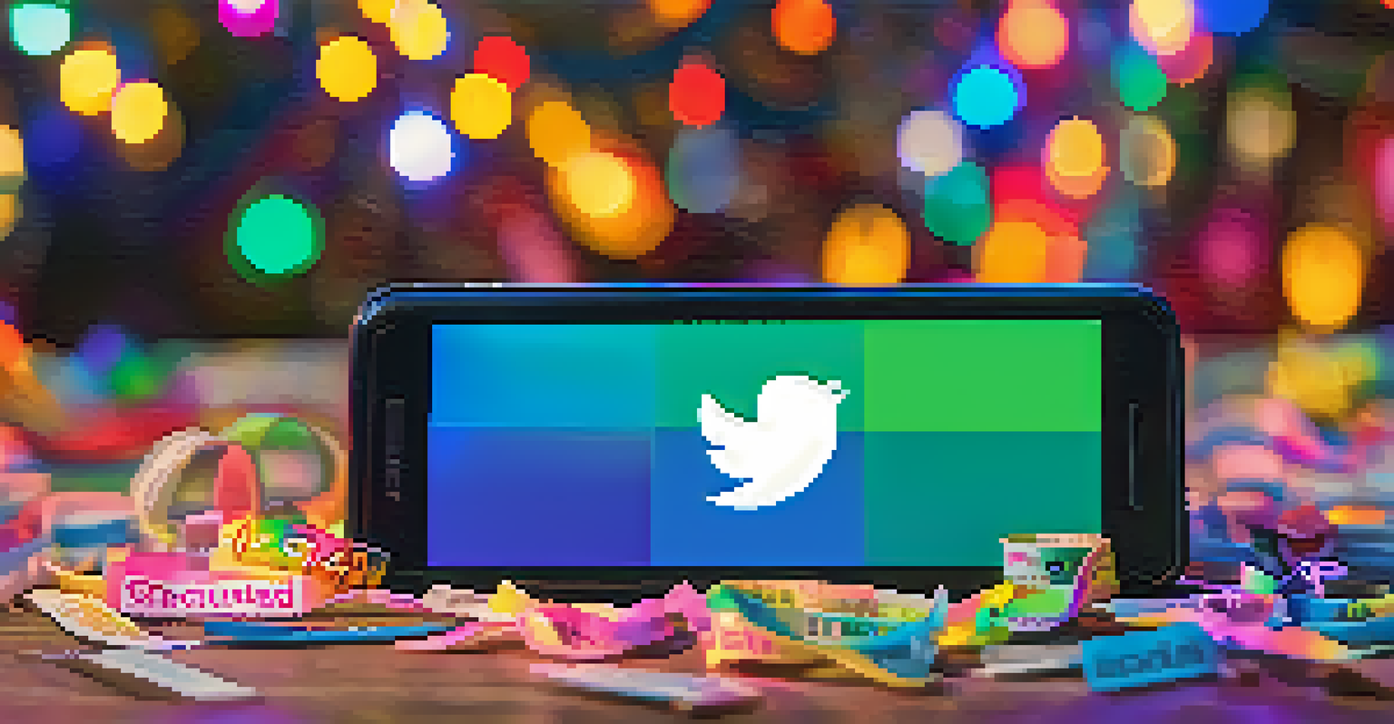 A close-up of a smartphone showing a festival hashtag, with wristbands and colorful lights in the background.