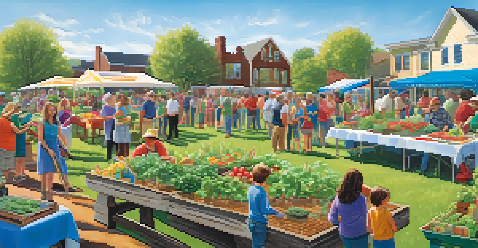 A grand opening celebration for a community garden with decorations and families enjoying activities.