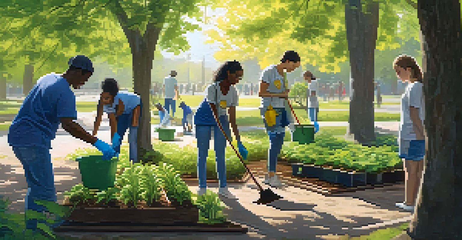 University students working together on a community service project outdoors, planting trees and cleaning a park.