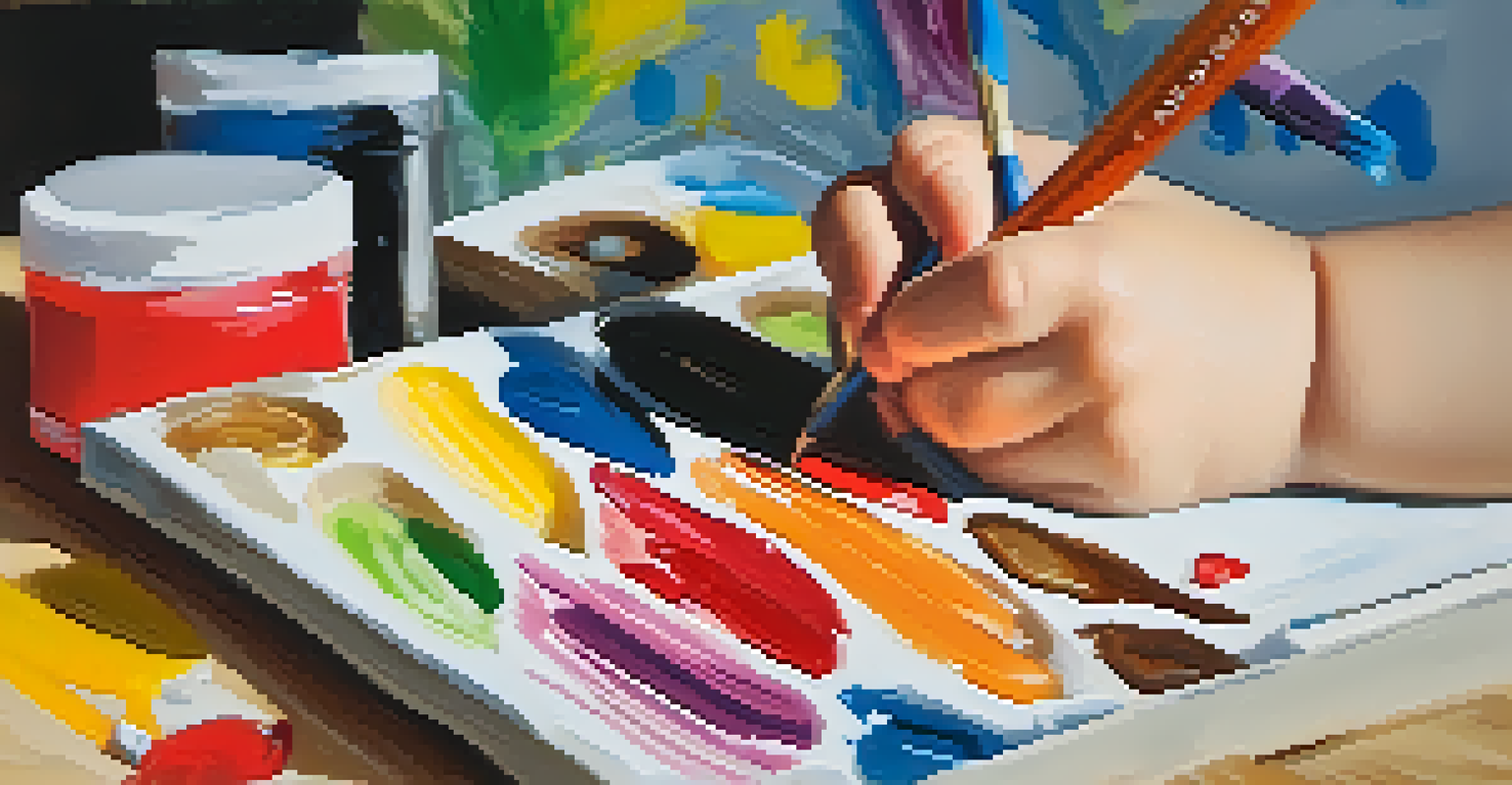 A child's hands painting on a canvas with bright colors, surrounded by various art supplies in a well-lit environment.