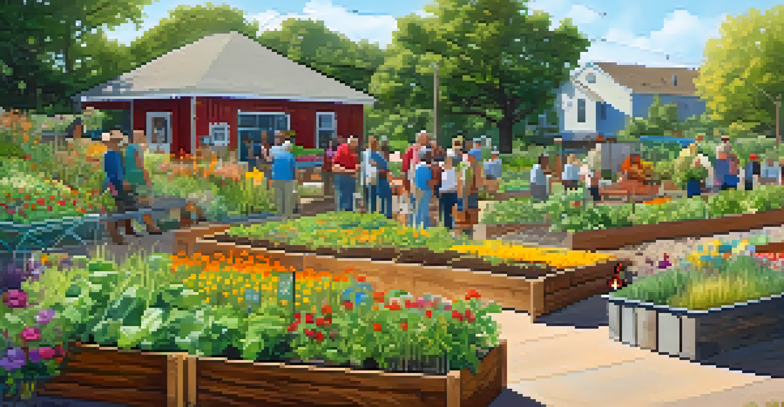 A community garden in Austin with diverse people engaged in gardening, surrounded by colorful plants and a mural.