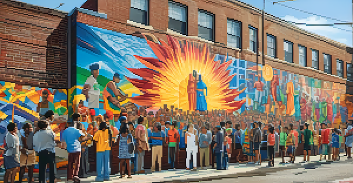 A colorful mural on a brick wall illustrating a diverse community, showcasing figures and symbols of unity in a busy city street.