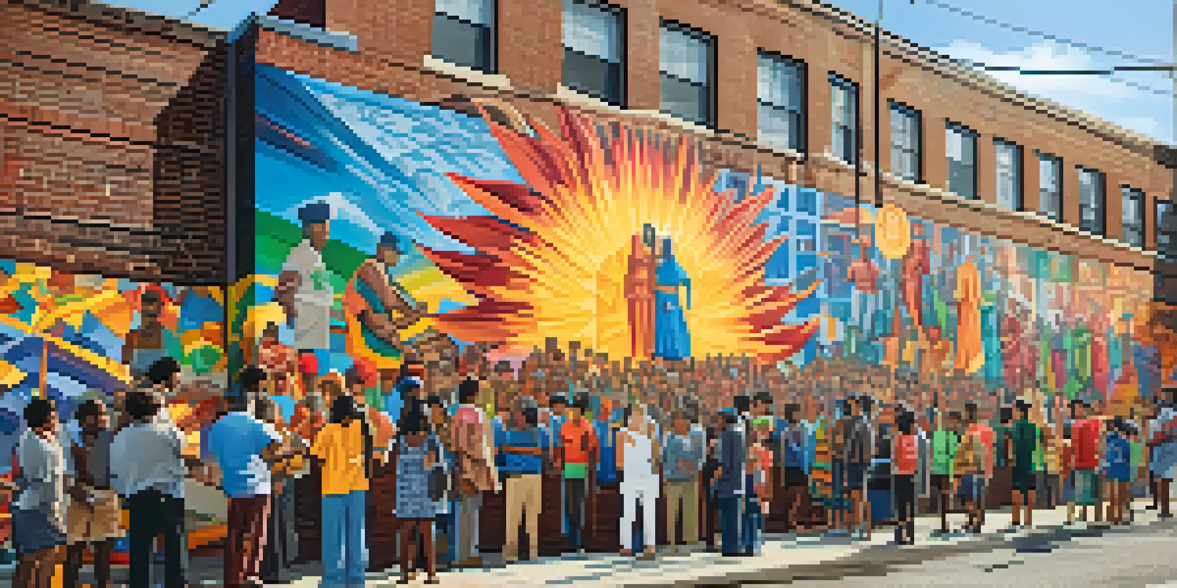 A colorful mural on a brick wall illustrating a diverse community, showcasing figures and symbols of unity in a busy city street.