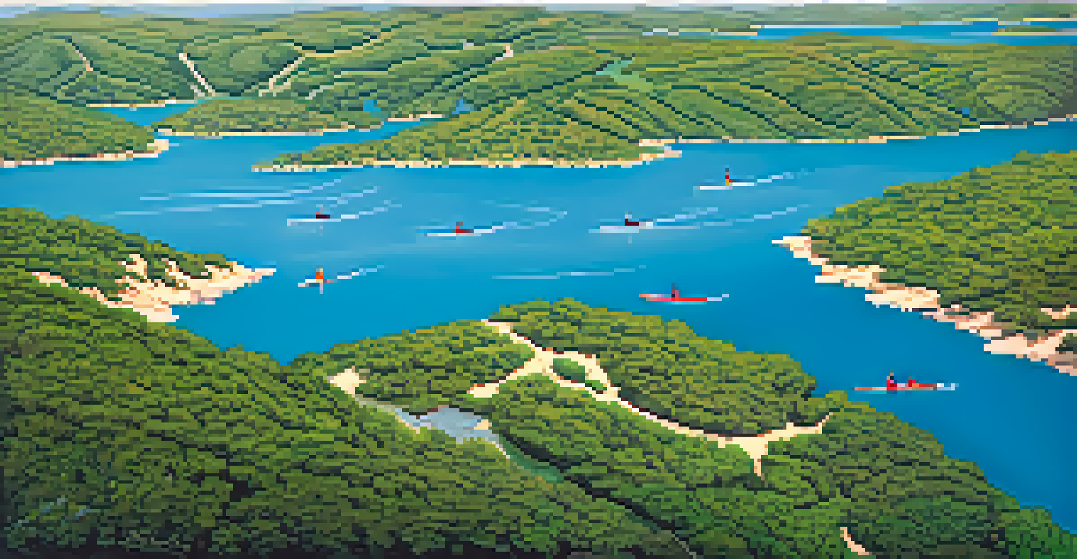 Aerial view of Lake Travis with kayakers and rolling hills under a blue sky.