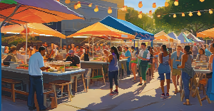 A lively outdoor food festival in Austin with colorful food trucks and a chef plating a dish, surrounded by diverse people enjoying the event.