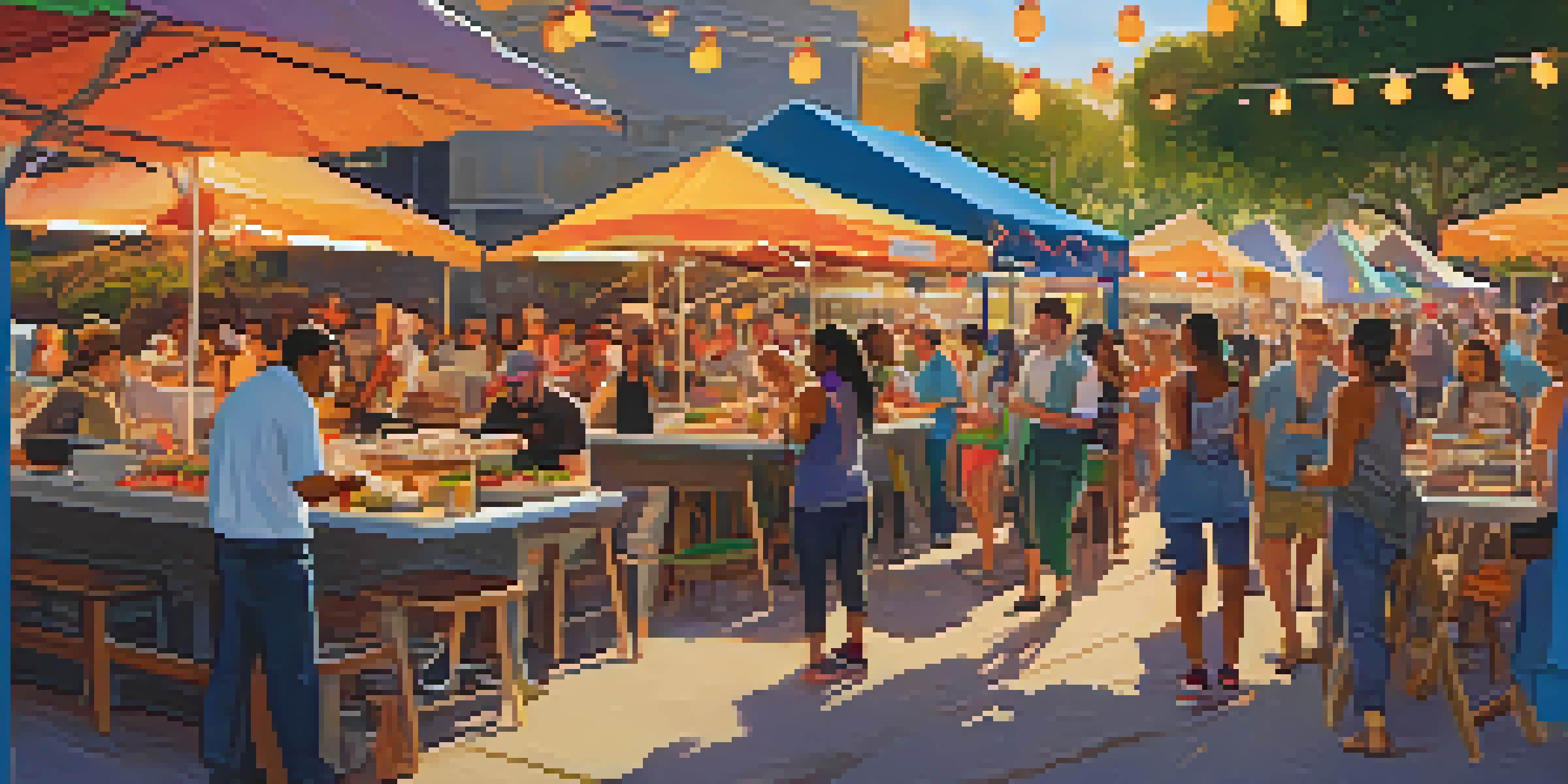 A lively outdoor food festival in Austin with colorful food trucks and a chef plating a dish, surrounded by diverse people enjoying the event.
