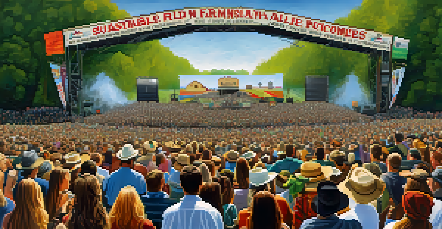 Willie Nelson performing at a Farm Aid concert, surrounded by banners for sustainable farming and a diverse crowd under a clear blue sky.