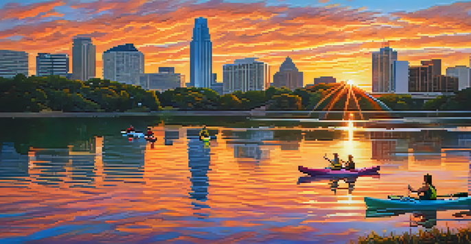 A serene sunset over Lady Bird Lake with kayakers and the Austin skyline.