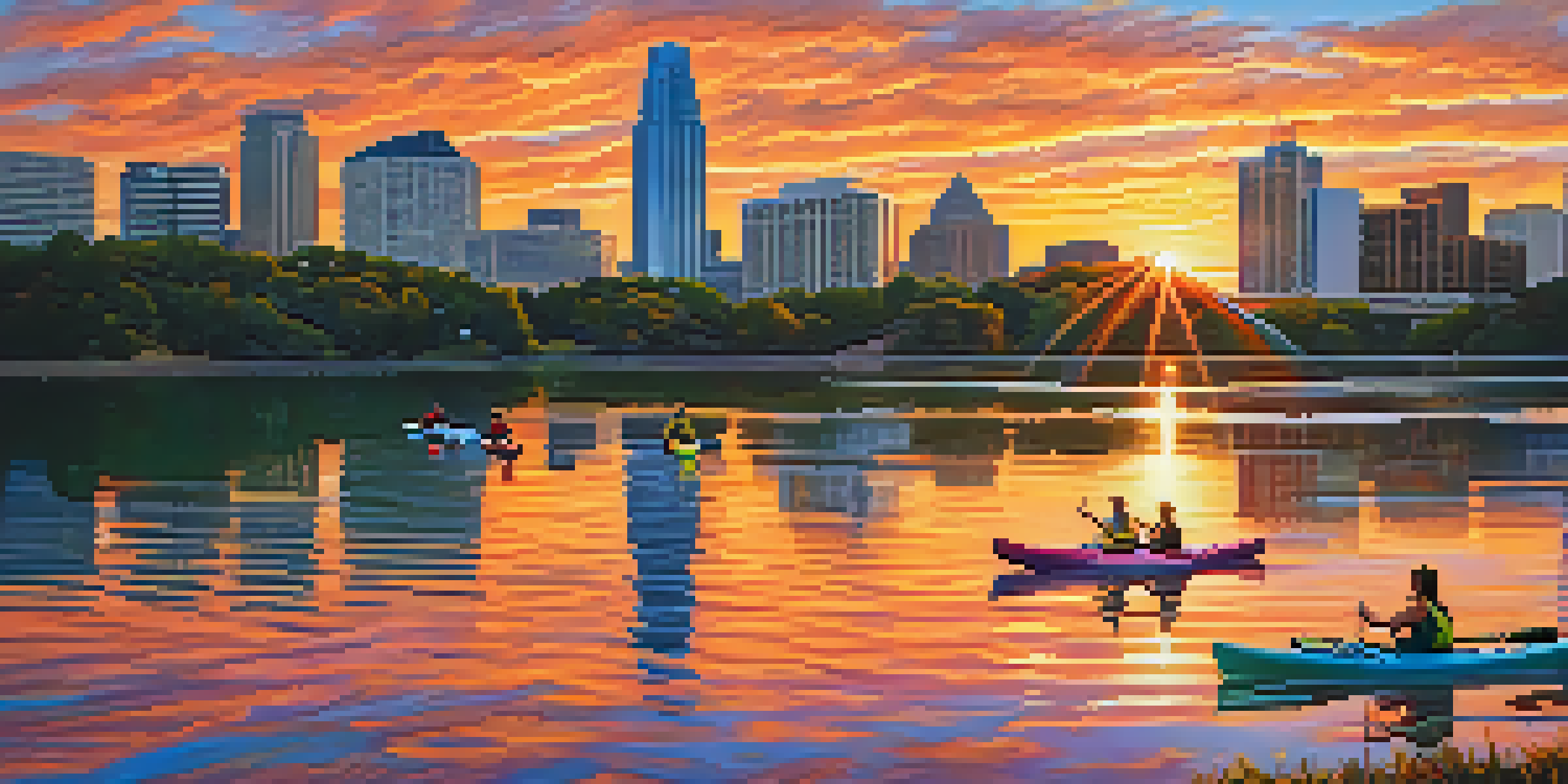 A serene sunset over Lady Bird Lake with kayakers and the Austin skyline.