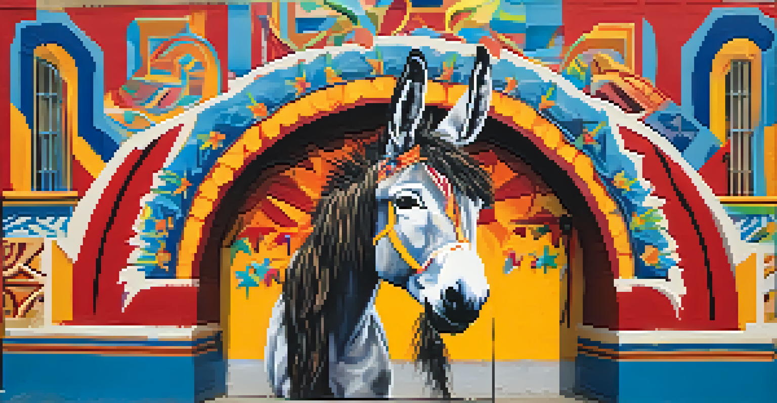 A colorful mural of the Donkey Lady on a city wall, showcasing a blend of traditional legend elements and modern street art styles.