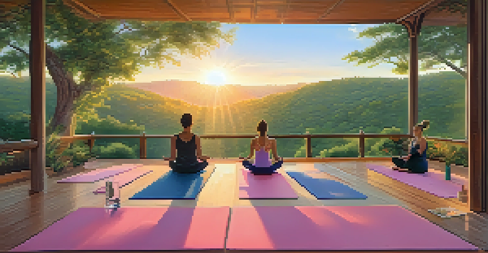 A peaceful yoga class at sunrise in the Texas Hill Country, with participants on colorful mats and soft sunlight filtering through the trees.