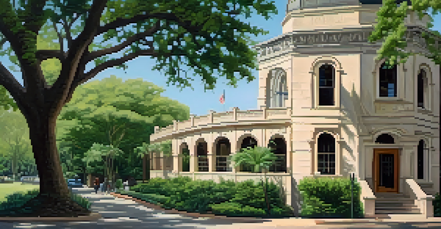 A historical landmark in Austin surrounded by greenery, with detailed architecture and an informative plaque in the foreground.