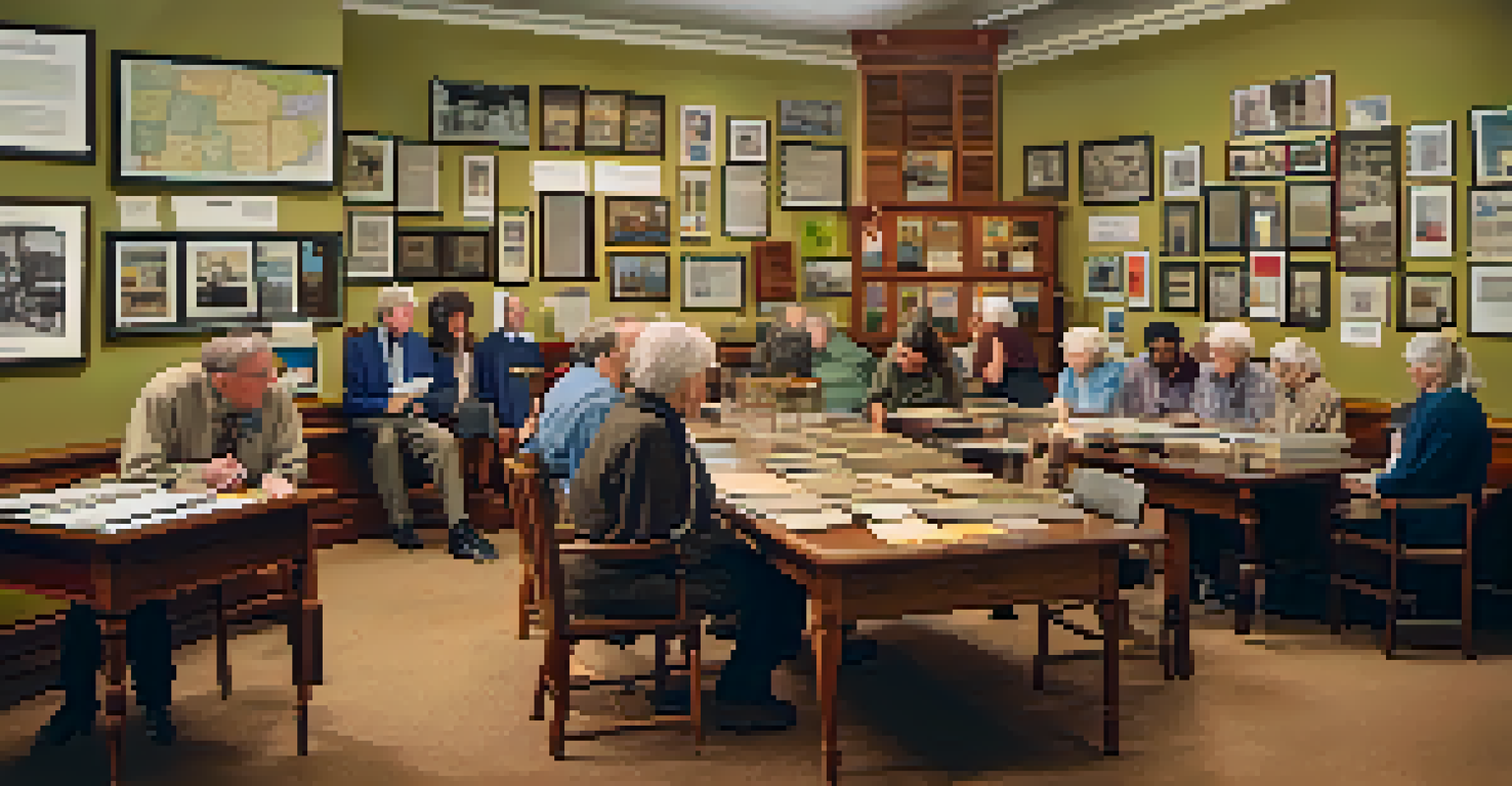 A cozy meeting room of a historical society in Austin, filled with artifacts and photographs, with community members discussing local history.