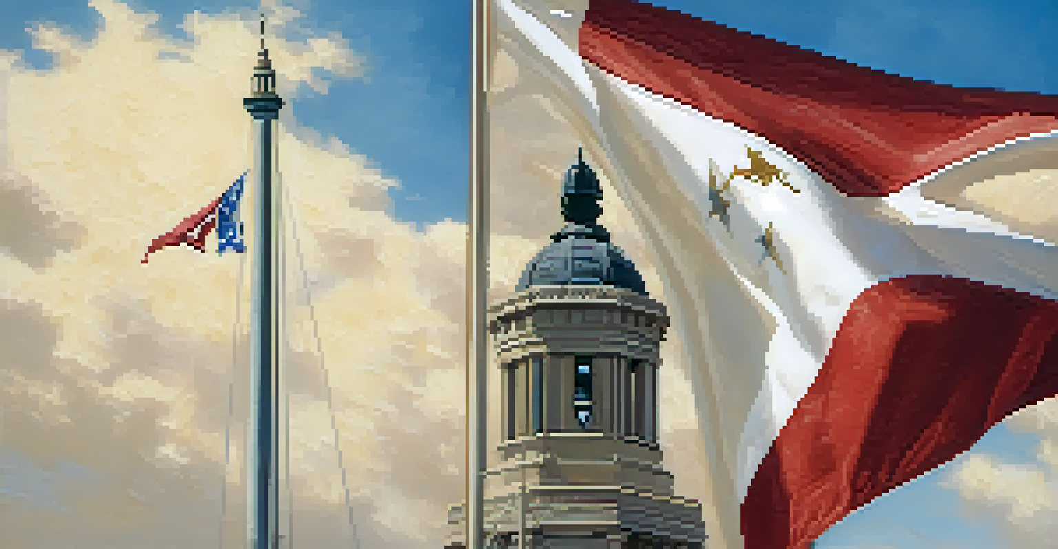 Close-up of a vintage Texian flag with the San Jacinto monument in the background, showcasing the flag's fabric and details.