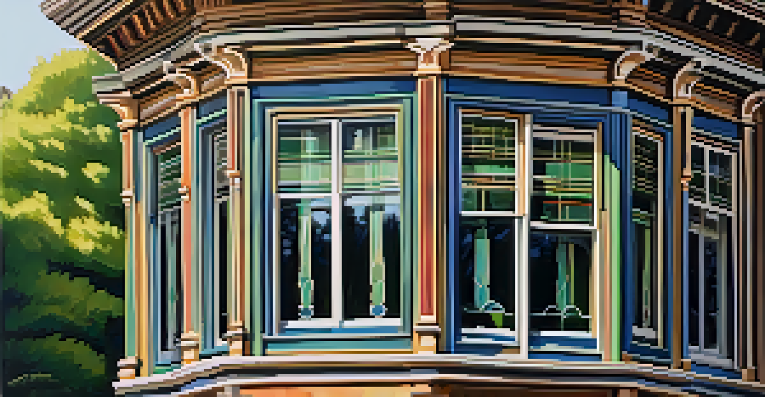 A detailed view of a Victorian bay window with intricate woodwork and colorful paint, surrounded by greenery and sunlight.