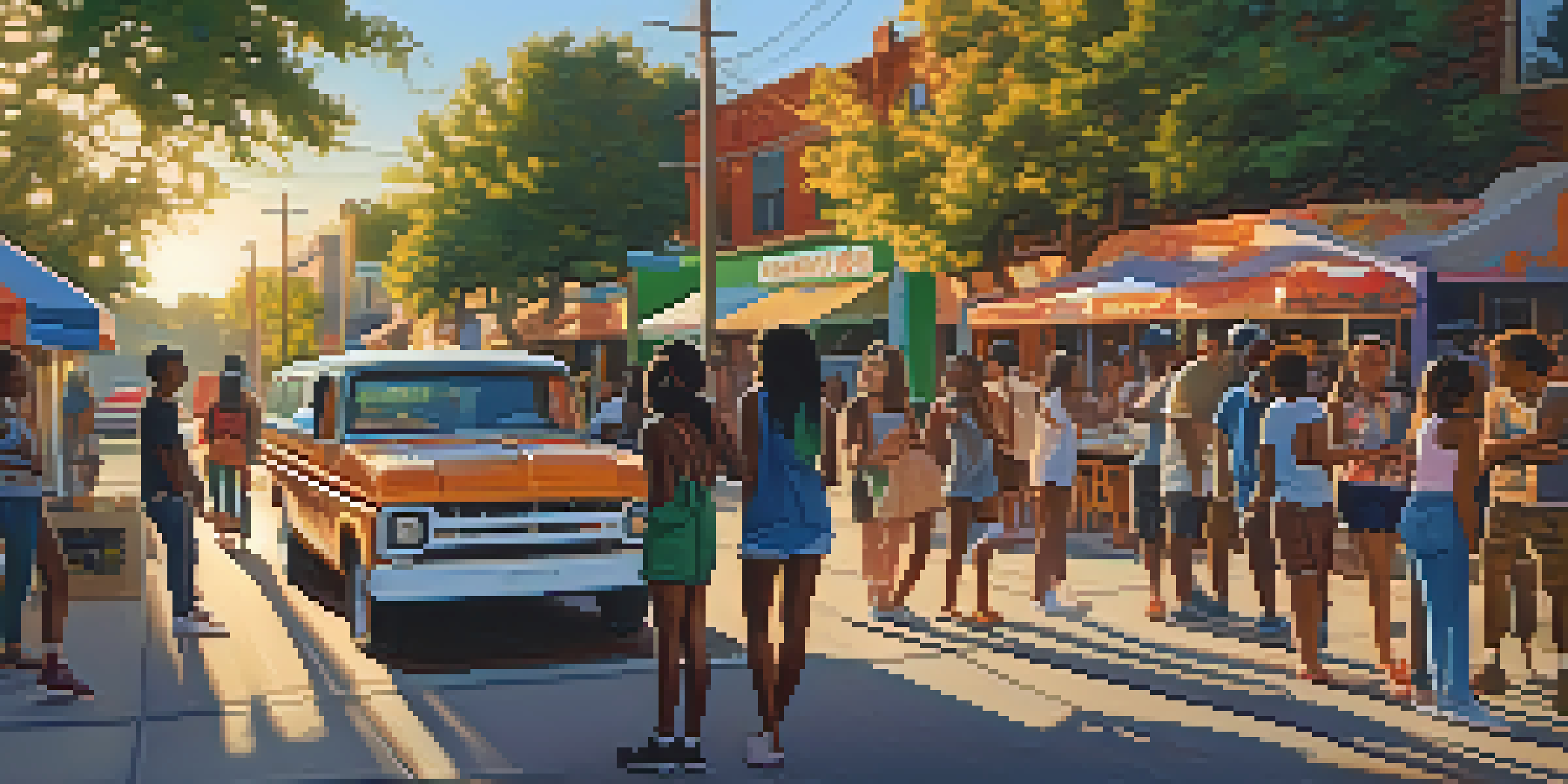 A lively street scene in Austin with a diverse group of young people discussing in front of colorful murals and food trucks under warm afternoon sunlight.