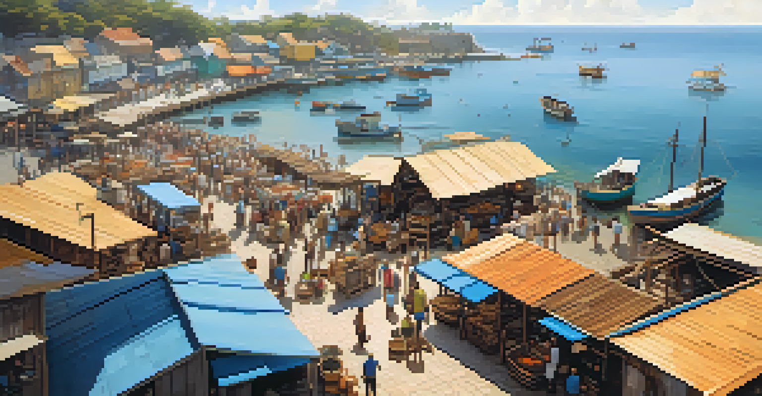 An aerial view of a bustling fish market in a coastal town with fishermen unloading fresh seafood under golden sunlight.