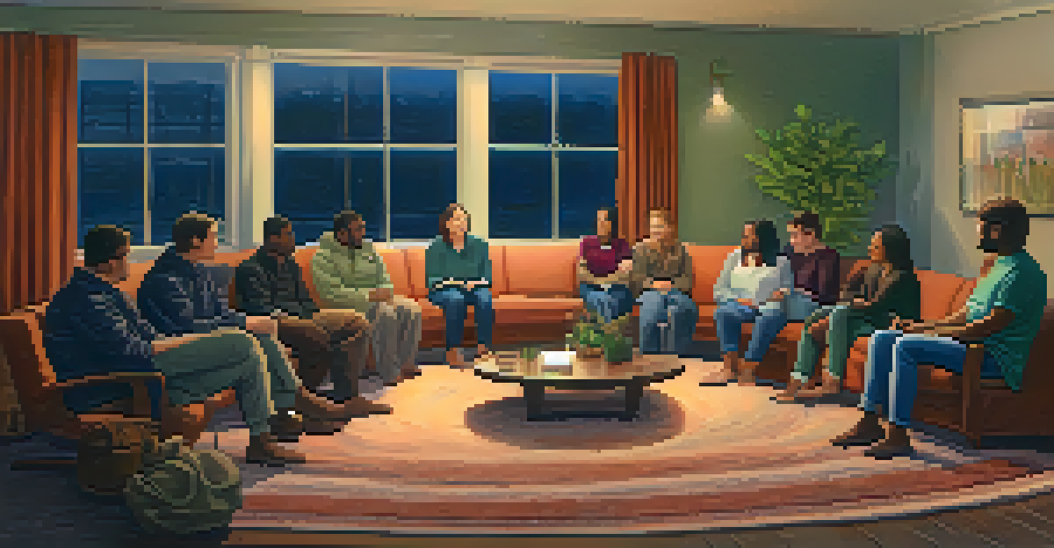A peer support group meeting in a cozy room with warm lighting, where diverse participants are seated in a circle sharing their experiences.