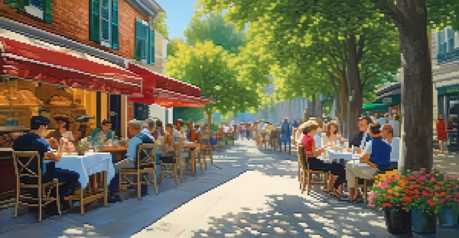 A lively outdoor café in an alley with flowers and people enjoying pastries in sunny weather.