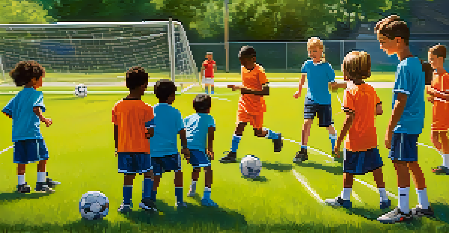 Children participating in a youth soccer camp in Austin, wearing colorful jerseys and practicing under the sun while coaches assist them.