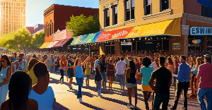 A lively outdoor music festival scene in Austin with musicians on stage and a diverse crowd dancing under the warm sunset light.