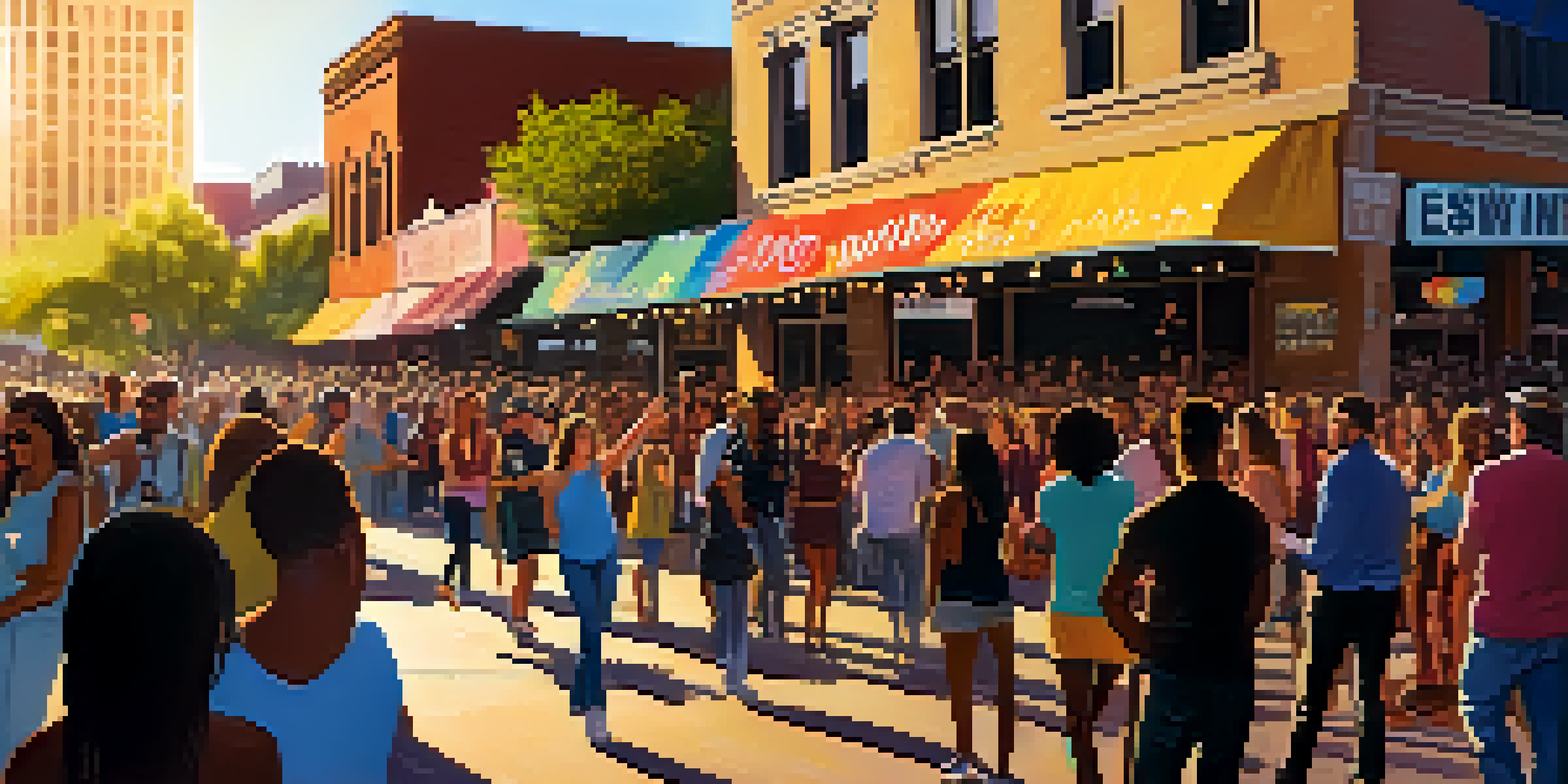 A lively outdoor music festival scene in Austin with musicians on stage and a diverse crowd dancing under the warm sunset light.