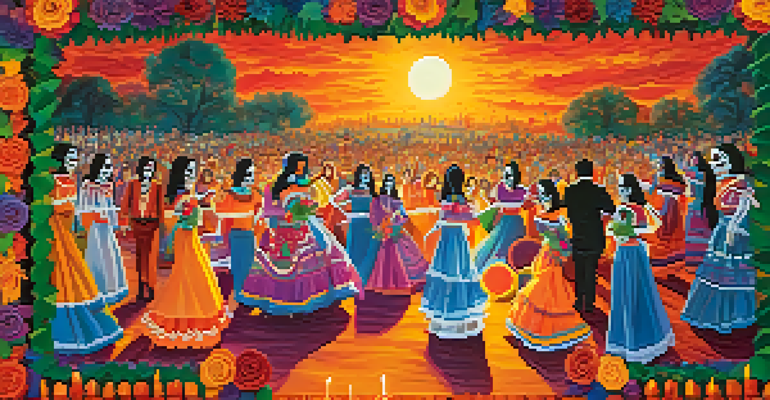 A lively Día de los Muertos festival with performers depicting La Llorona, colorful decorations, and candles creating a warm atmosphere.