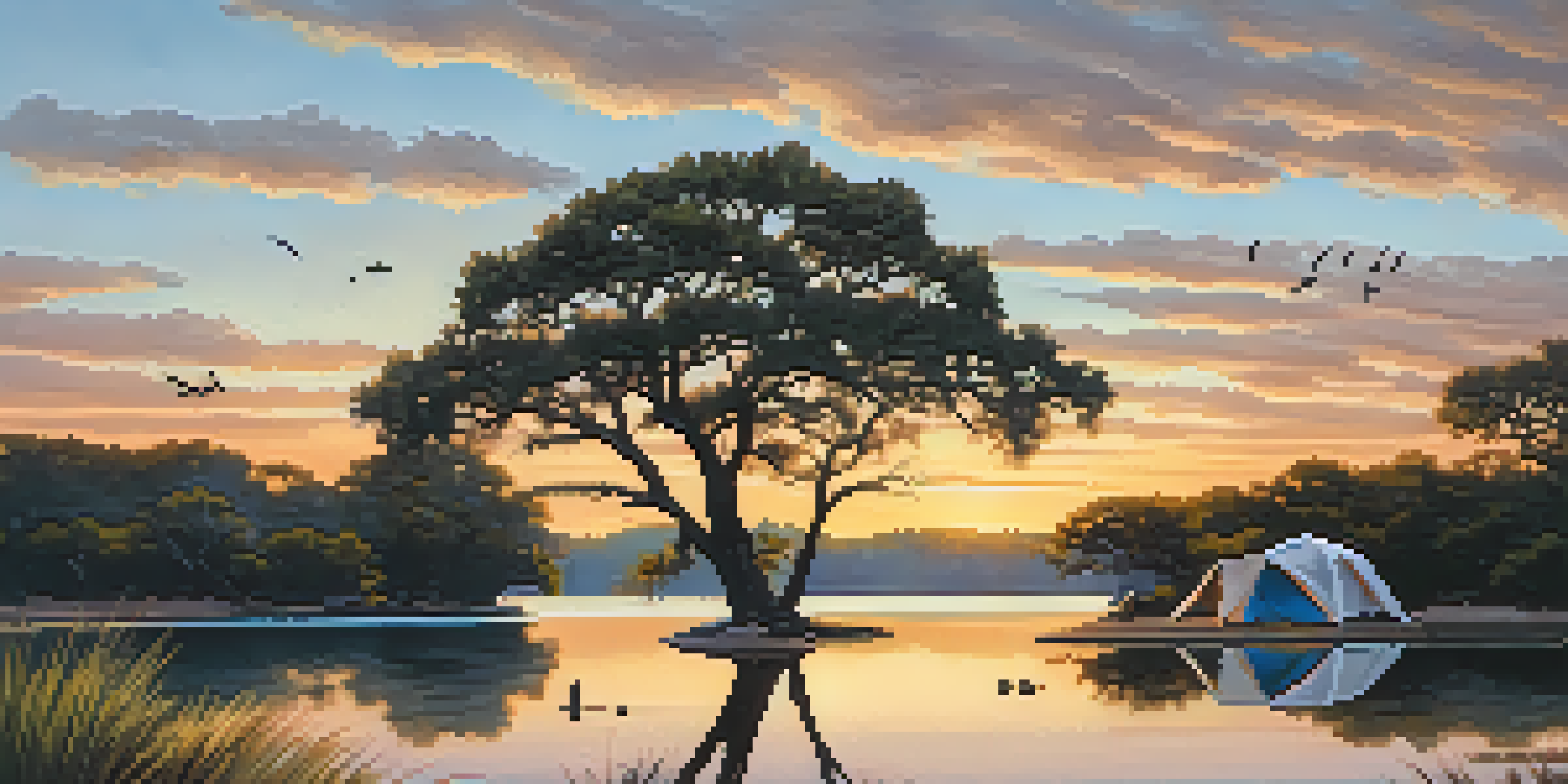 A campsite at Inks Lake State Park during sunrise, with a lake reflecting warm colors and live oak trees framing a tent.