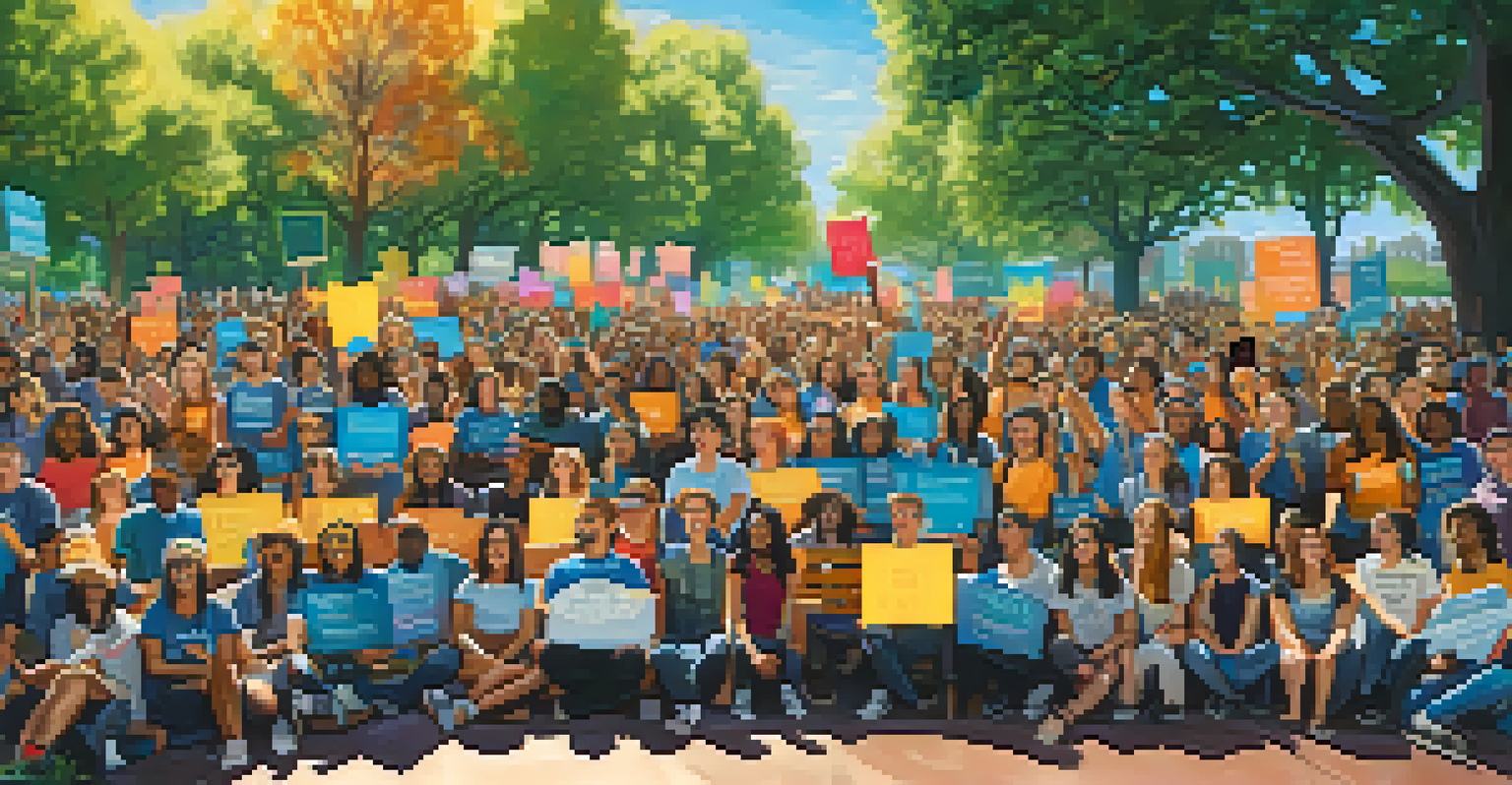Young activists rallying in a park, holding colorful signs advocating for social justice and environmental causes under a clear blue sky.