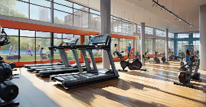 A bright and organized gym interior filled with modern workout equipment and individuals participating in a fitness class.