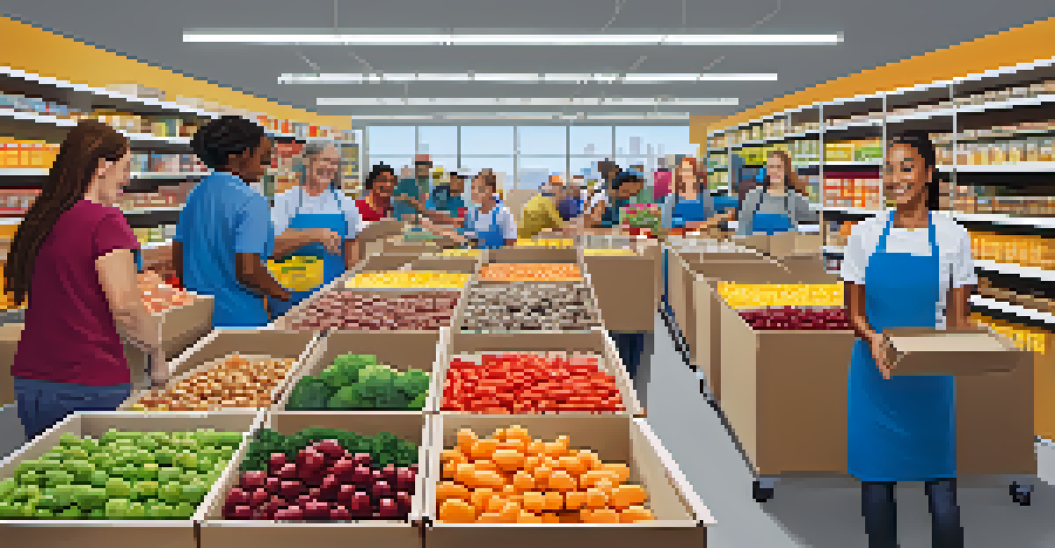 A group of diverse volunteers working together to sort and pack food at a food bank, showcasing teamwork and community spirit.
