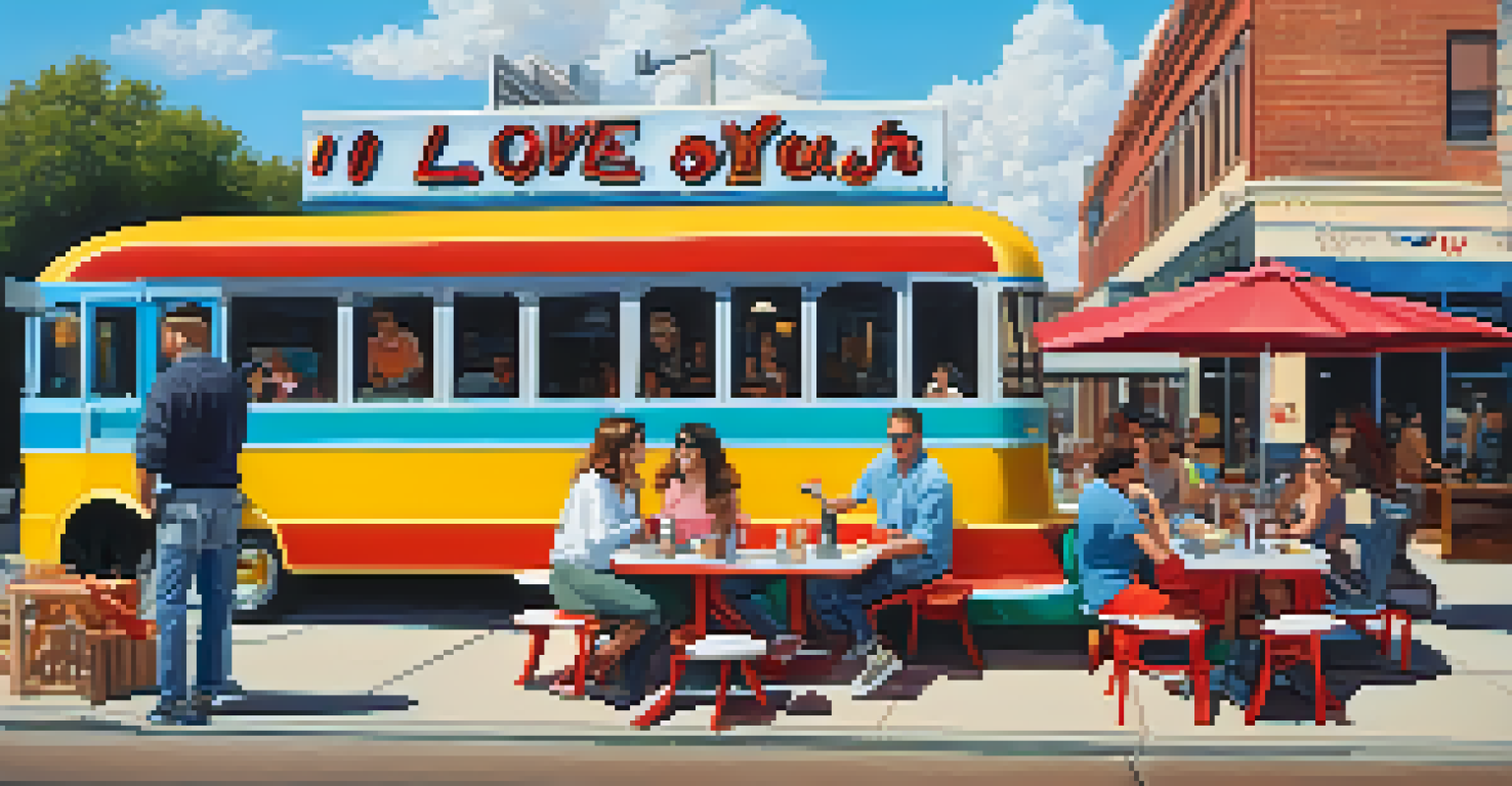 A group of friends brainstorming at an outdoor café with a vibrant atmosphere and a mural in the background.