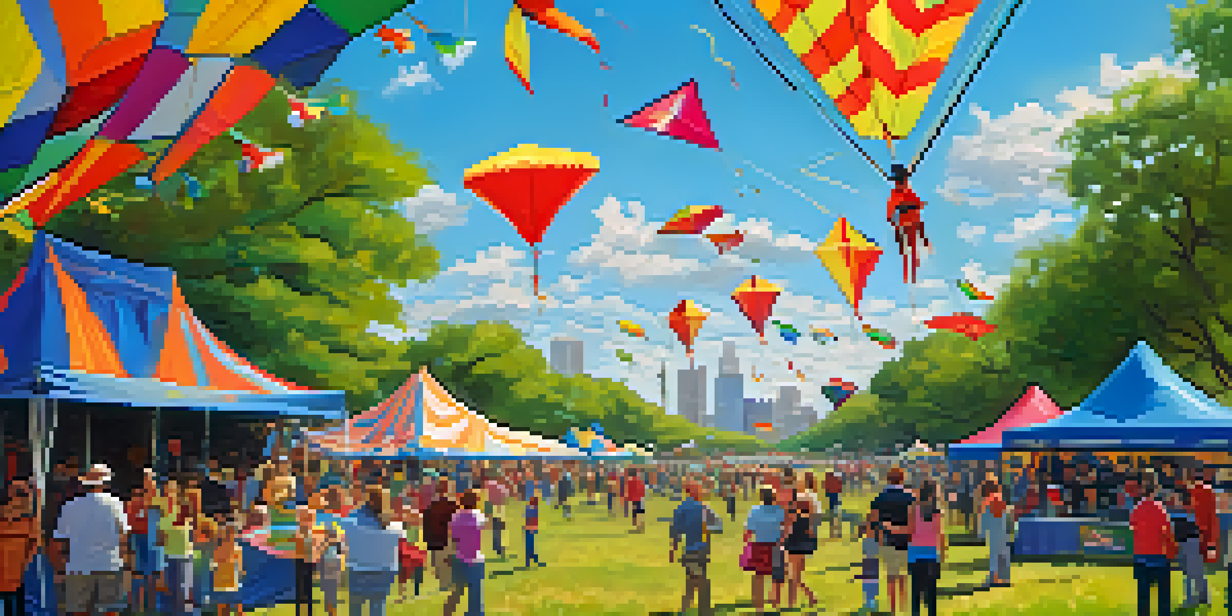 A lively kite festival in a park with colorful kites in the sky and families enjoying the day.