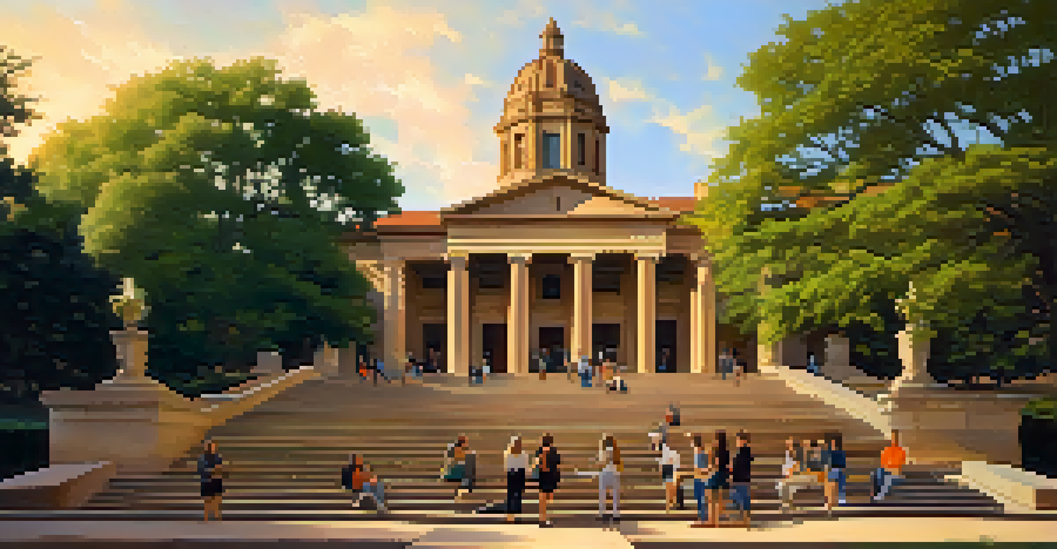 Students discussing on the university steps with the Blanton Museum in the background, illuminated by sunset.