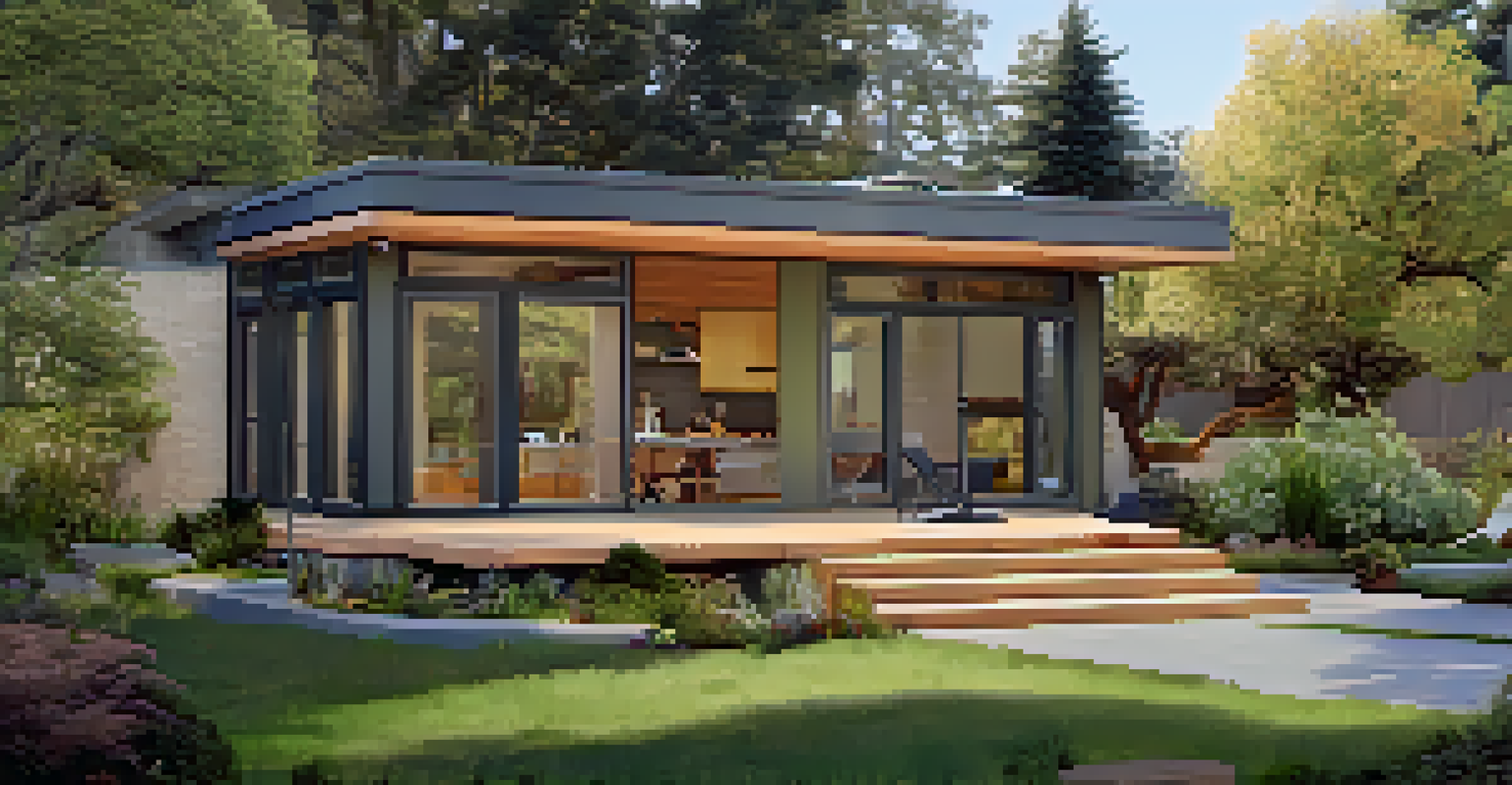 A beautifully designed Accessory Dwelling Unit in a backyard, surrounded by greenery and featuring a cozy patio.
