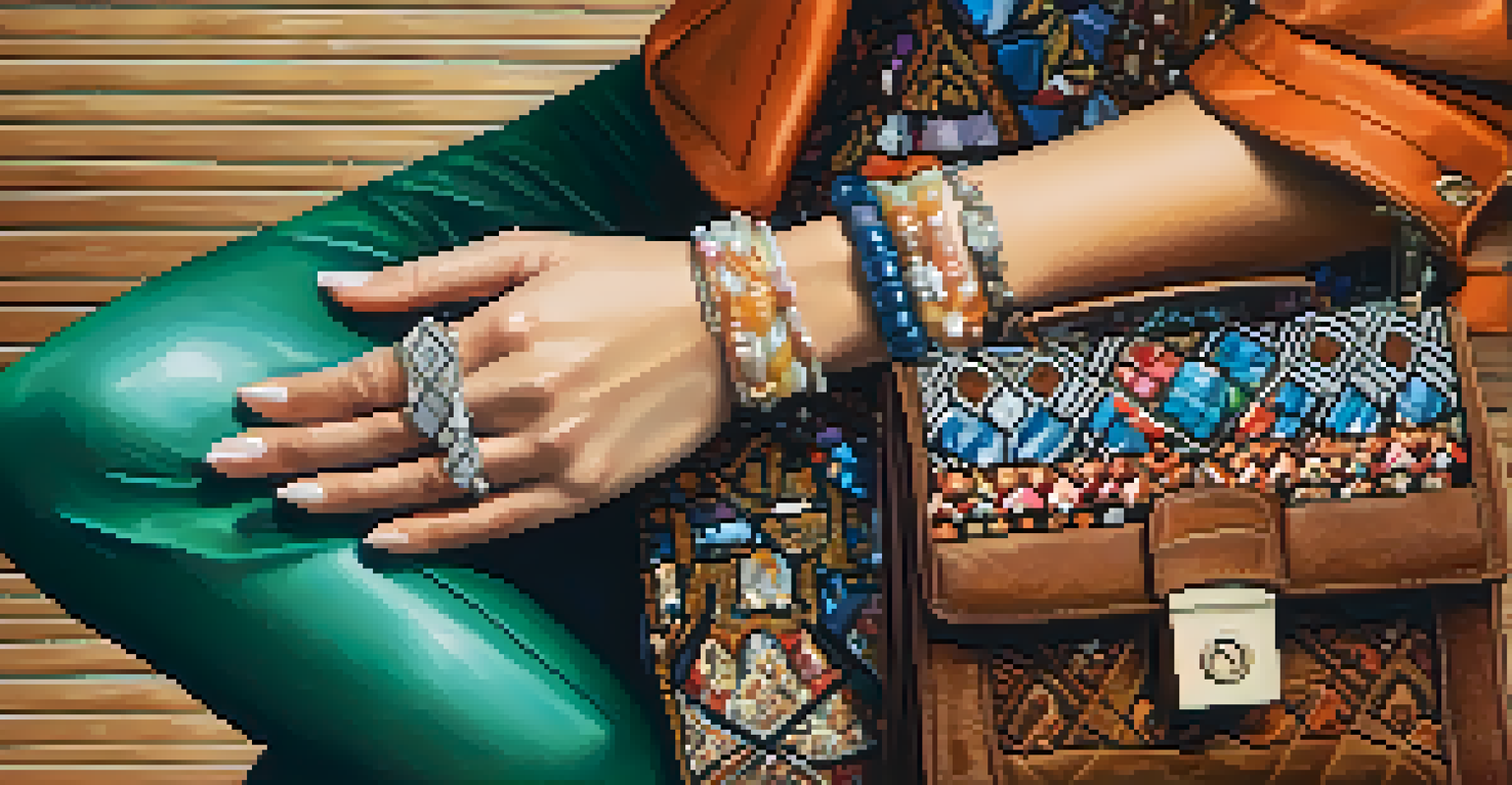 A close-up of hands styling a vintage outfit with thrifted fabrics and accessories, emphasizing textures and colors against a rustic wooden backdrop.