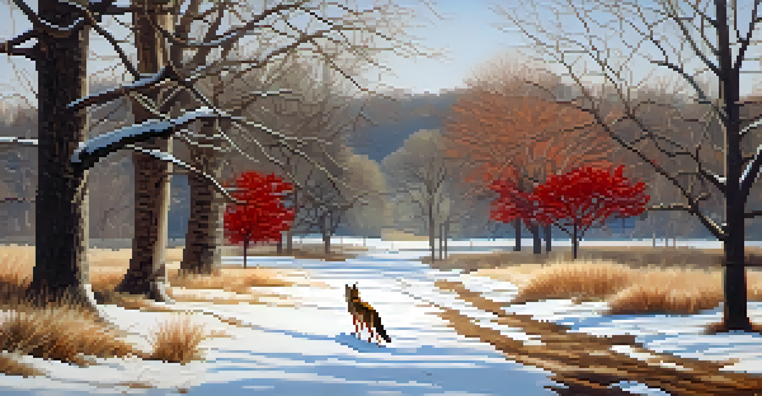 A winter scene in Austin with bare trees, a coyote foraging in grass, and American robins perched above in a quiet park.
