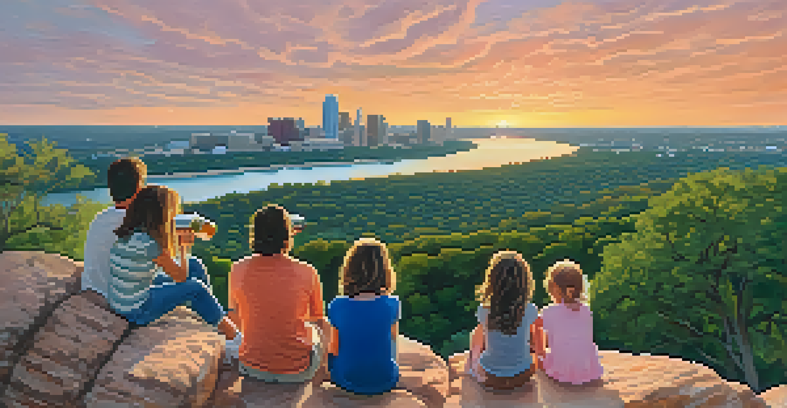 A family enjoying a picnic on Mount Bonnell with a beautiful sunset view over the Colorado River and Austin.