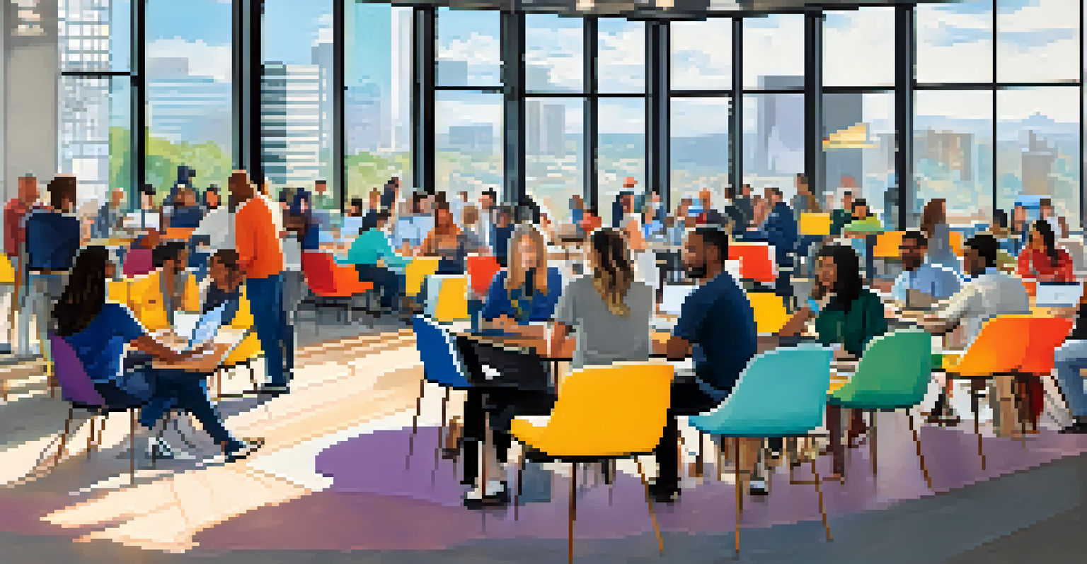 A lively indoor networking event in Austin with diverse tech professionals engaging in discussions, surrounded by modern decor and natural light.