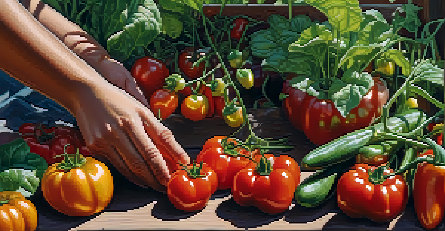 Close-up of hands caring for a vegetable patch in a community garden.