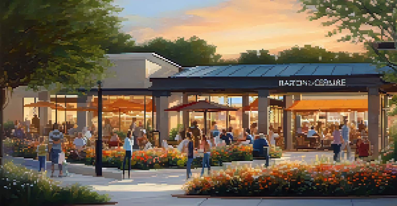 The entrance of a shopping mall with glass doors, seasonal flowers, and people sitting on benches during sunset.