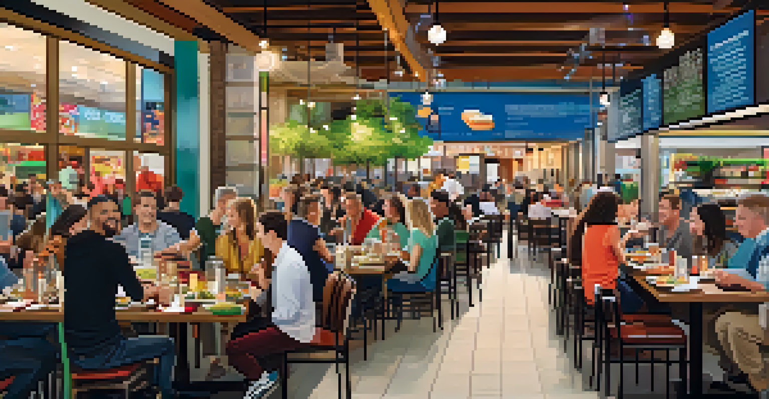 A close-up of a food court table filled with colorful dishes and diners enjoying their meals in a lively atmosphere.
