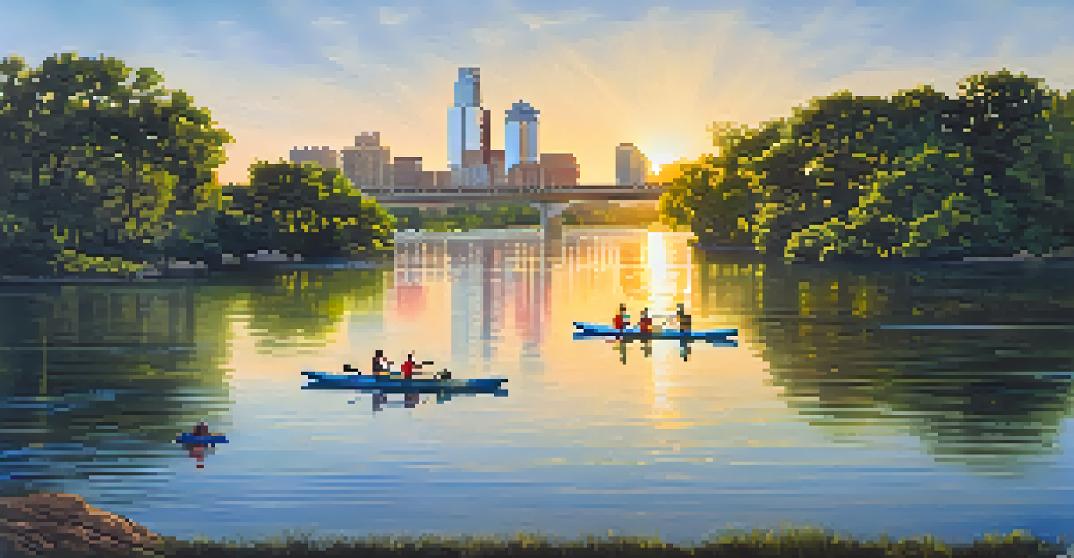 A scenic view of Lady Bird Lake with joggers and cyclists on the trail, and kayakers on the water.