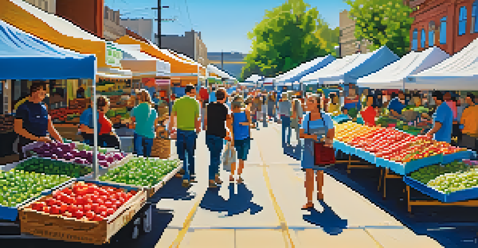 A busy farmers' market in Austin with vibrant stalls of fresh produce and families enjoying their shopping experience.
